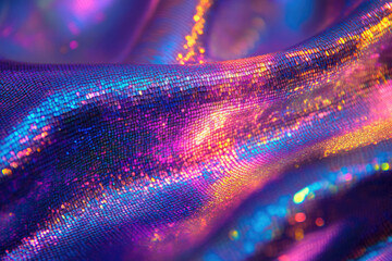 Poster - Close-up of iridescent fabric with vibrant purple, blue, and pink hues, creating a shimmering, textured surface.