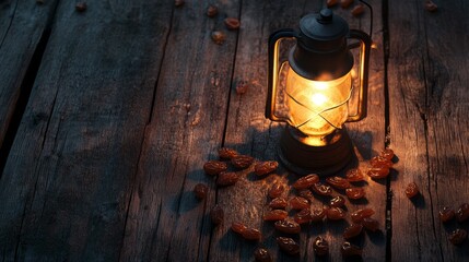 Aufkleber - Gentle glow radiates from an ornate lantern, creating a warm and inviting atmosphere. Surrounded by scattered dried fruits, the composition evokes a sense of nostalgia during evening gatherings