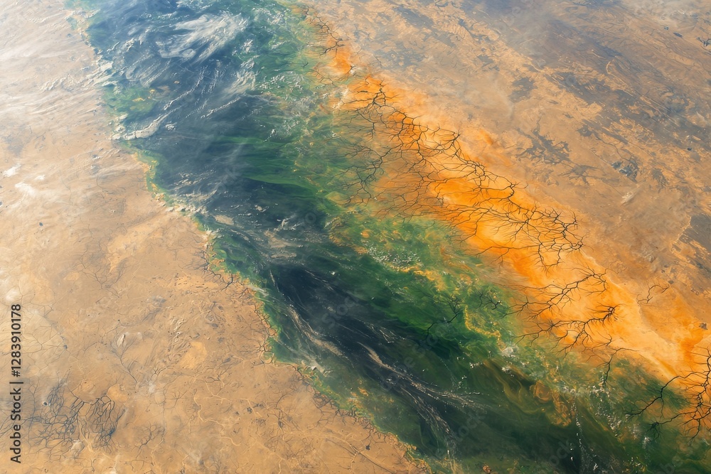 Aerial view of a vibrant river winding through a desert landscape ...
