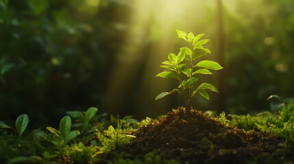 Poster - Verdant seedling emerging among lush moss, bathed in golden sunlight, representing resilient growth within dense woodland ecosystem