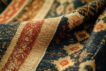 Poster - Close-up view of richly textured fabric with intricate patterns in deep blues, golds, and reds.