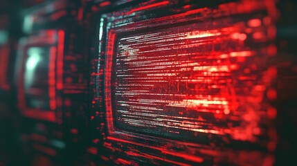 Poster - Glowing abstract red neon grid digital technology background with futuristic and hi tech vibes  Illuminated digital pattern with matrix circuit and binary code elements  Neon lights laser beams
