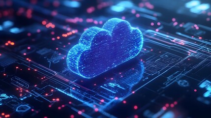 Fototapete - Glowing Blue Cloud Shaped Technology Abstract on Dark Background with Futuristic Digital Data and Network Connections Concept