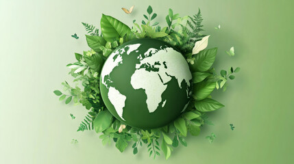 Poster - Green Earth model surrounded by lush leaves and butterflies symbolizing nature conservation and environmental awareness
