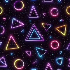 Poster - A vibrant and energetic seamless pattern featuring neon geometric shapes floating against a dark, starry cosmos background, perfect for retro-futuristic designs.