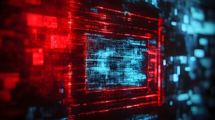 Poster - Glowing Grid Interface with Dynamic Data Visualization   Abstract futuristic technology background with digital matrix neon red and blue lights and a visually striking data overlay
