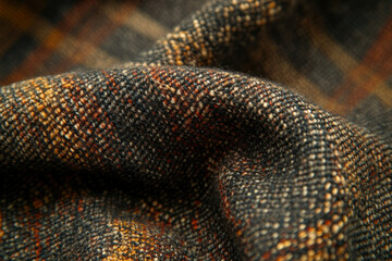 Poster - Close-up of a textured woolen fabric with a brown and beige plaid pattern.