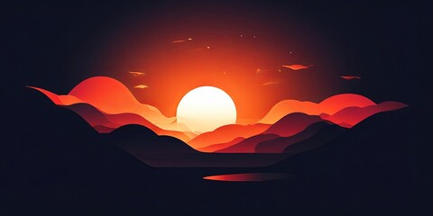 Poster - A mountain range with a large sun in the sky
