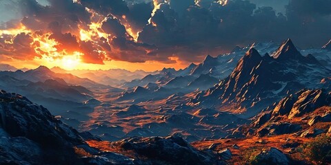 Poster - A mountain range with a sunset in the background