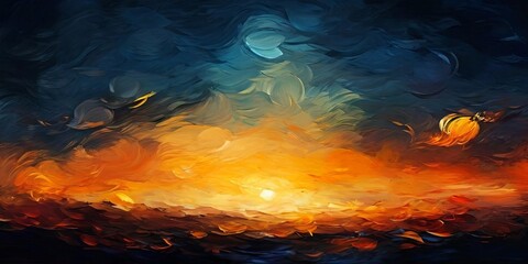 Poster - A painting of a sunset with a sun in the sky