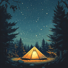a camping scene with a glowing tent under a starry sky