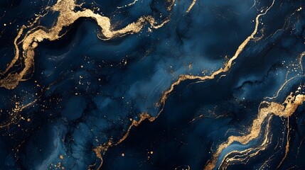 Poster - Luxurious abstract background with a mesmerizing marble like textured surface in shades of deep blue and accented with shimmering golden streaks creating a dynamic and fluid movement across the frame