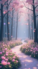 Poster - A path through a forest with pink flowers
