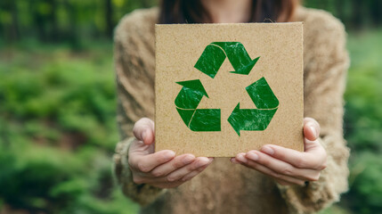 Poster - Woman showing a cardboard with recycle symbol promoting environmental awareness and waste reduction