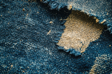 Poster - Close-up of a torn blue and beige woven fabric showing texture and frayed edges.