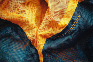 Close-up of textured fabric in vibrant orange and dark blue, showcasing intricate mesh pattern and stitching details.