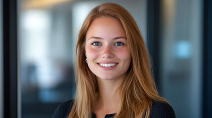 Wall Mural - Headshot of cheerful businesswoman with long blond hair and blue eyes smiling in office environment