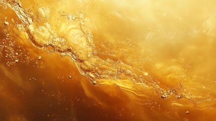 Poster - Liquid textures flow with clear oil, reflecting golden light in captivating patterns. Bubbles dance within this ethereal landscape, creating a luxurious visual experience