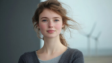 Poster - Confident young woman standing near wind turbines, representing renewable energy and environmental sustainability