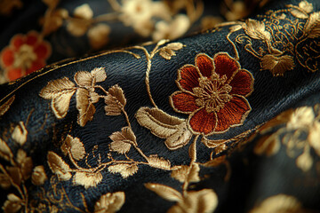 Poster - Intricate gold and red floral embroidery on dark fabric, showcasing elegant textile artistry.