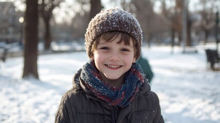 Aufkleber - Cheerful child bundled in winter attire, smiling while playing in snow-covered park landscape