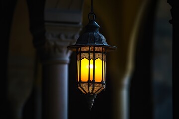 Poster - A Lantern Hanging Against A Dark Architectural Background