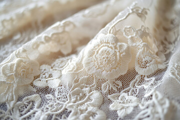 Aufkleber - Delicate off-white lace fabric with intricate floral embroidery, soft and elegant texture.