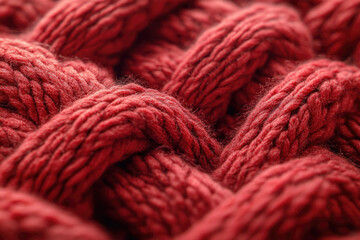 Poster - Close-up of a textured red knitted fabric, showcasing the intricate weave and soft yarn.
