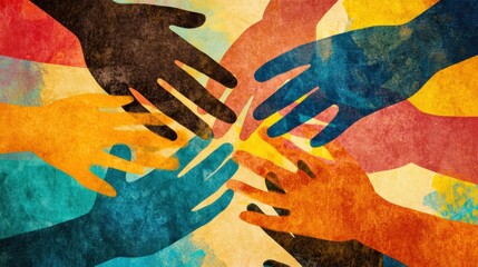 Aufkleber - Interconnected hands with diverse skin tones symbolizing unity and support among different cultures and communities. Generative AI