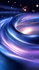 Poster - Swirling cosmic vortex with glowing blue and purple light streams against dark space background, sparkling particles and bokeh effects create magical atmosphere.