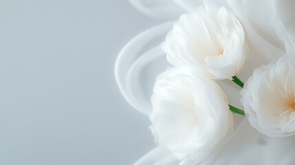 Poster - Delicate white garden roses with soft petals against light background, creating ethereal romantic mood for wedding invitations and feminine designs.