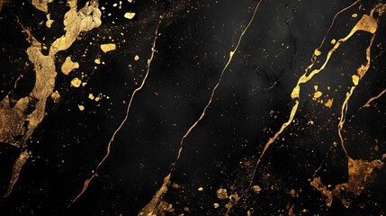 Poster - Luxurious golden and black marble abstract grunge textured background with dynamic splatter brush strokes glitter effects and contemporary geometric patterns