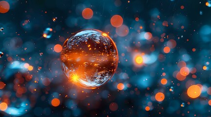 Poster - Glowing crystal sphere floating in magical blue and orange bokeh background with light particles and sparkles creates mystical atmosphere.