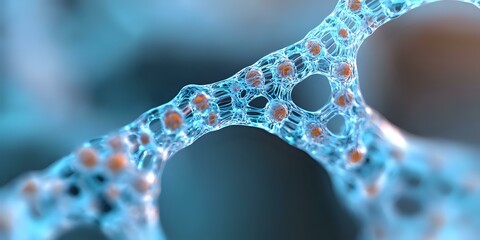 Poster - Microscopic view of neural network connections with glowing synapses in blue and orange tones, showing intricate cellular structure and biological pathways.