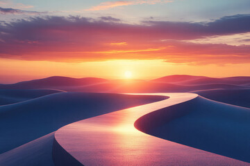 Poster - Serene sunset over a winding path through white sand dunes, a breathtaking desert landscape.