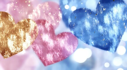 Poster - Romantic hearts in gold, pink and blue with bokeh effect on soft pastel background create wedding design atmosphere.