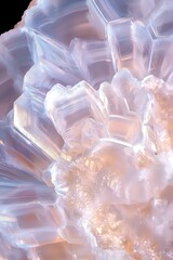 Poster - Macro view of translucent crystal formation with soft pink and blue hues against dark background, showing natural geometric patterns and light refraction effects.