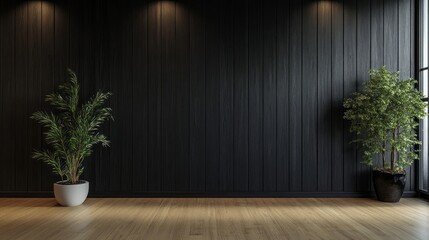 Aufkleber - A sleek black wooden wall panel creates a striking backdrop for lush indoor plants positioned in stylish pots. This setting embodies contemporary design, inviting creativity and elegance