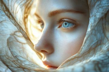 Aufkleber - Close-up portrait of a woman's face partially veiled, soft light illuminating her features.