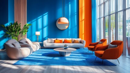 Poster - In a contemporary living space, a bright blue room features a plush sofa and vibrant orange chairs, enhanced by natural light streaming through large windows