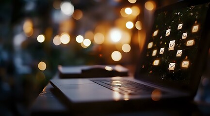 Poster - Laptop keyboard silhouette against blurred warm bokeh lights background, creating cozy evening atmosphere for remote work and productivity setup.