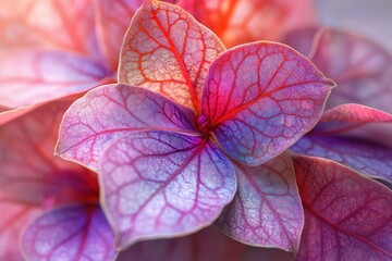 Canvas Print - Close up of vibrant pink and purple leaves with intricate vein patterns, showcasing the beauty of nature and seasonal changes in color