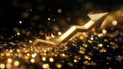 Poster - Golden arrow pointing upward with sparkles and bokeh lights on dark background, symbolizing growth, success and financial prosperity in business concept.