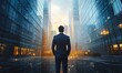 © Five Million Stock - Back of businessman in suit with business office glass modern buildings background for financial freedom portfolio or company profit and strategy growth IPO poster,