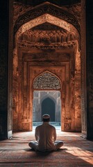 Aufkleber - A devoted Muslim man sits quietly in a beautifully adorned mosque, lost in profound thought. The soft light filters through elaborate archways, creating a tranquil atmosphere