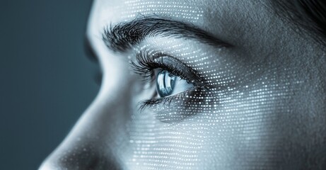 Poster - A beautiful woman's face is depicted with a half-human and half-robot visage, incorporating advanced and futuristic technology
