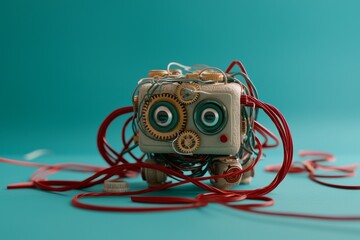 Poster - The robotic toy features a creative design, boasting a body made of mechanical components like cogs and wheels, all on a blue-gray backdrop with room for copy