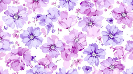 Hand drawn seamless pattern with watercolor flower flowers. Elegant romantic background with purple flower and leaves on a white background