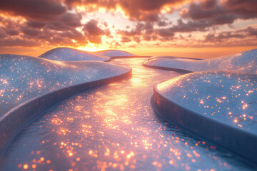 Poster - Serene sunset over a shimmering, winding river flowing through a smooth, glowing landscape.
