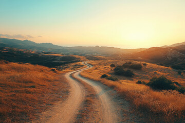 Poster - A winding dirt road leads through sun-drenched hills towards a distant ocean at sunset.